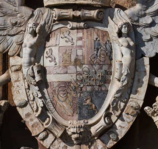 Palermo, The Royal Palace or Palazzo dei Normanni (Palace of the Normans), North-East side: detail of the coat of arms with an Aragon eagle on the main portal of the Renaissance wing.