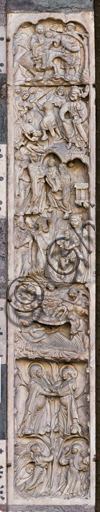 Genova, Duomo (Cattedrale di S. Lorenzo), lato ovest, la facciata, il portale maggiore, stipite di sinistra:"Storie della Vergine", di Maestro dell'Arca del Battista, 1225.