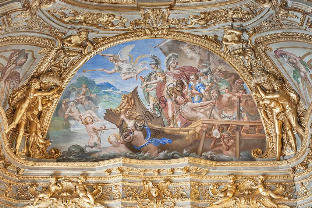 Genoa, Palazzo Carrega-Cataldi (former Palazzo Tobia Pallavicini): the Gallery, with Rococo frescoes by Lorenzo De Ferrari (1740-44). In the lunettes: the stories of Aeneas. Detail of a lunette with "Aeneas disembarking at the mouth of Tiber river."World Heritage UNESCO.