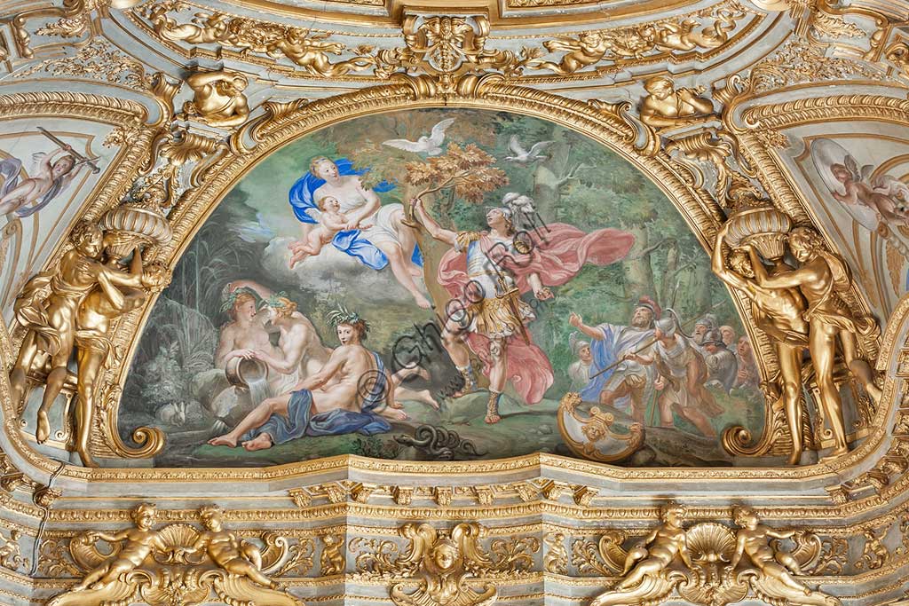 Genoa, Palazzo Carrega-Cataldi (former Palazzo Tobia Pallavicini): the Gallery, with Rococo frescoes by Lorenzo De Ferrari (1740-44). In the lunettes: the stories of Aeneas. Detail of a lunette with "Aeneas picking up the sacred olive tree."World Heritage UNESCO.