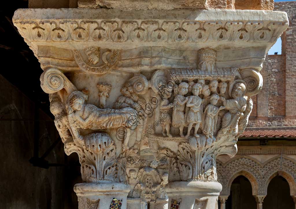  Monreale, Duomo, the cloister of the Benedectine monastery (XII century): the Northern side of the capital E 18 ("Stories of Joseph, Jacob's son").