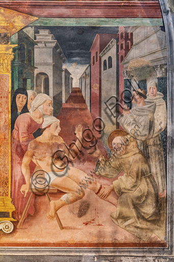 Montefalco,  Complesso Museale di San Francesco, Chiesa di San Francesco,  Nicchia di S. Antonio da Padova: "Storie di S. Antonio da Padova", affreschi di Jacopo Vincioli di Spoleto (espressionista gozzolesco), metà XV secolo. Particolare dei "Miracoli del Santo": "S. Antonio risana Leonardo da Padova".