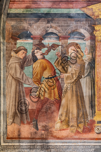 Montefalco,  Complesso Museale di San Francesco, Chiesa di San Francesco,  Nicchia di S. Antonio da Padova: "Storie di S. Antonio da Padova", affreschi di Jacopo Vincioli di Spoleto (espressionista gozzolesco), metà XV secolo. Soggetti: "Miracoli del Santo". Particolare di "S. Antonio che libera un indemoniato".