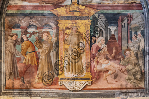 Montefalco,  Complesso Museale di San Francesco, Chiesa di San Francesco,  Nicchia di S. Antonio da Padova: "Storie di S. Antonio da Padova", affreschi di Jacopo Vincioli di Spoleto (espressionista gozzolesco), metà XV secolo. Soggetti: "Il Santo" e ai lati, "Miracoli del Santo" (a sinistra, "S. Antonio libera un indemoniato"; a destra,"S. Antonio risana Leonardo da Padova").