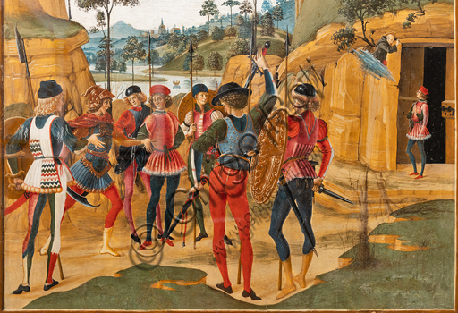  Perugia, National Gallery of Umbria: "Stories of Saint Bernardino", cycle of eight tablets painted in tempera, dated 1473. Cautiously referred to a "Maestro" or "Bottega del 1473",  some of the best Umbrian painters of the time worked on them. "Release of a Prisoner", attributed to PInturicchio. Detail.