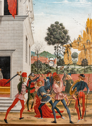 Perugia, Galleria Nazionale dell'Umbria: "Storie di san Bernardino", ciclo di otto tavolette dipinte a tempera, datate 1473. Riferite prudentemente a un "Maestro" o "Bottega del 1473", vi parteciparono alcuni dei migliori pittori umbri dell'epoca."San Bernardino risana Giovanni Antonio da Parma ferito con una pala". Particolare. 