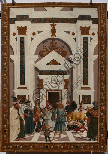 Perugia, Galleria Nazionale dell'Umbria: "Storie di san Bernardino", ciclo di otto tavolette dipinte a tempera, datate 1473. Riferite prudentemente a un "Maestro" o "Bottega del 1473", vi parteciparono alcuni dei migliori pittori umbri dell'epoca,  "San Bernardino guarisce Nicola di Lorenzo da Prato, travolto da un toro". 