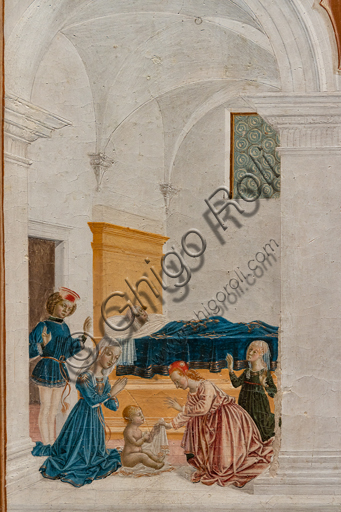 Perugia, Galleria Nazionale dell'Umbria: "Storie di san Bernardino", ciclo di otto tavolette dipinte a tempera, datate 1473. Riferite prudentemente a un "Maestro" o "Bottega del 1473", vi parteciparono alcuni dei migliori pittori umbri dell'epoca,  "Miracolo del bambino nato morto"; attribuito a Pietro Perugino. Particolare. 