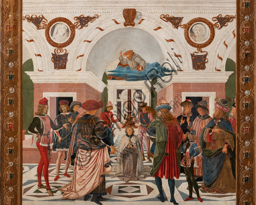 Perugia, Galleria Nazionale dell'Umbria: "Storie di san Bernardino", ciclo di otto tavolette dipinte a tempera, datate 1473. Riferite prudentemente a un "Maestro" o "Bottega del 1473", vi parteciparono alcuni dei migliori pittori umbri dell'epoca,  Particolare de "Guarigione del cieco", attribuito al Pinturicchio. 