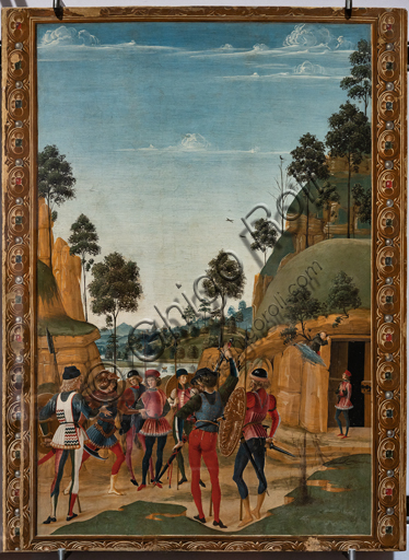  Perugia, National Gallery of Umbria: "Stories of Saint Bernardino", cycle of eight tablets painted in tempera, dated 1473. Cautiously referred to a "Maestro" or "Bottega del 1473",  some of the best Umbrian painters of the time worked on them. "Release of a Prisoner", attributed to PInturicchio.