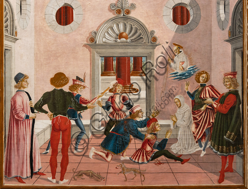 Perugia, Galleria Nazionale dell'Umbria: "Storie di san Bernardino", ciclo di otto tavolette dipinte a tempera, datate 1473. Riferite prudentemente a un "Maestro" o "Bottega del 1473", vi parteciparono alcuni dei migliori pittori umbri dell'epoca."San Bernardino risana Giovanni Antonio da Parma ferito con una pala". Particolare. 