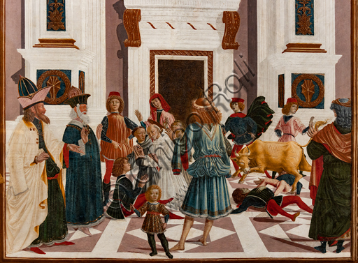 Perugia, Galleria Nazionale dell'Umbria: "Storie di san Bernardino", ciclo di otto tavolette dipinte a tempera, datate 1473. Riferite prudentemente a un "Maestro" o "Bottega del 1473", vi parteciparono alcuni dei migliori pittori umbri dell'epoca,  "San Bernardino guarisce Nicola di Lorenzo da Prato, travolto da un toro". Particolare.