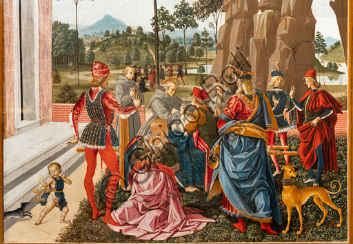 Perugia, Galleria Nazionale dell'Umbria: "Storie di san Bernardino", ciclo di otto tavolette dipinte a tempera, datate 1473. Riferite prudentemente a un "Maestro" o "Bottega del 1473", vi parteciparono alcuni dei migliori pittori umbri dell'epoca."San Bernardino richiama alla vita un uomo trovato morto sotto un albero", attribuito al Pinturicchio. Particolare.