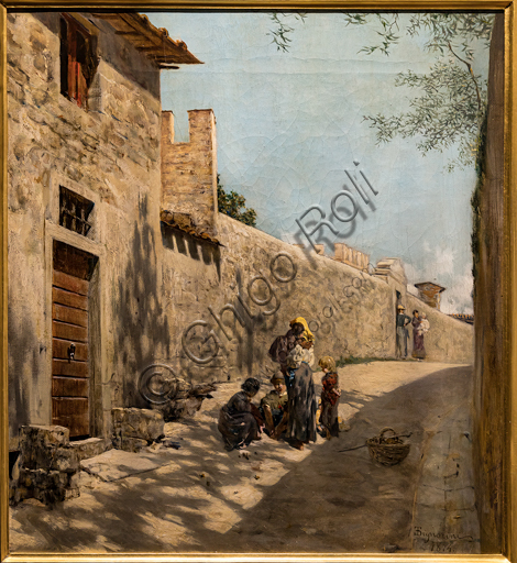 Telemaco Signorini: "Small Tuscany Street with figures", 1874, oil painting on canvas.