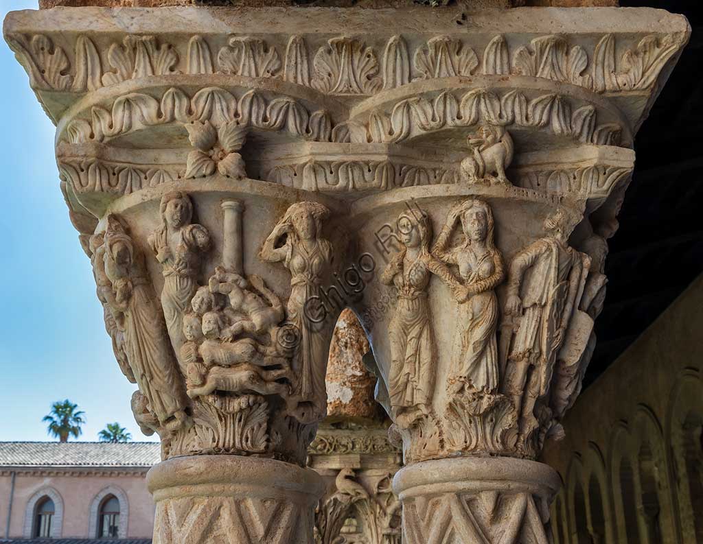 Monreale, Duomo, chiostro del monastero benedettino (XII secolo):  il capitello N24, faccia Nord;  "Strage degli Innocenti".