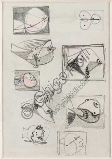 Collezione Assicoop - Unipol,inv. n° 417: Enrico Prampolini (1894 - 1956), "Studi di teste" - fronte. Matita e pastelli su carta.