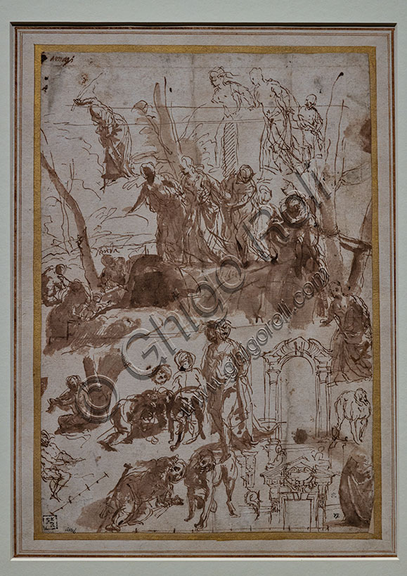 Studi per “Ritrovamento di Mosè”, di Paolo Caliari, detto il Veronese, 1582 , penna e inchiostro bruno, acquarello bruno.