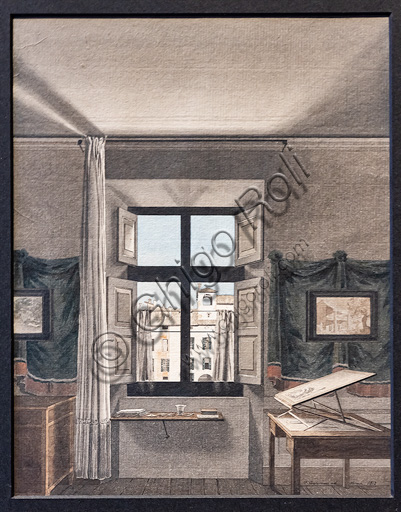 Giovanni Battista De Gubernatis: "Lo studio del pittore a Parma", 1812, acquerello e inchiostro di china acquarellato. 