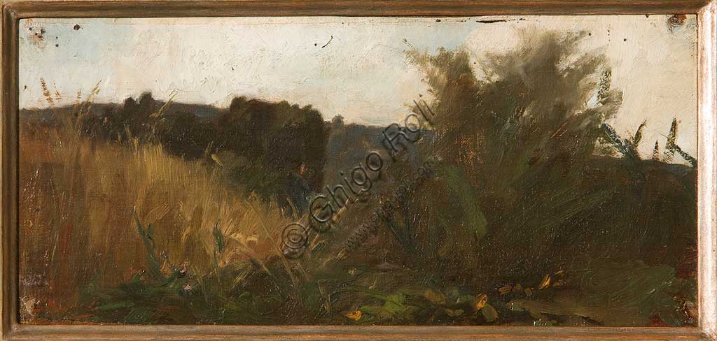 Collezione Assicoop - Unipol: Giovanni Muzzioli (1854-1894), "Studio di vegetazione". Olio su tavoletta, cm. 14,5 x 32,5.