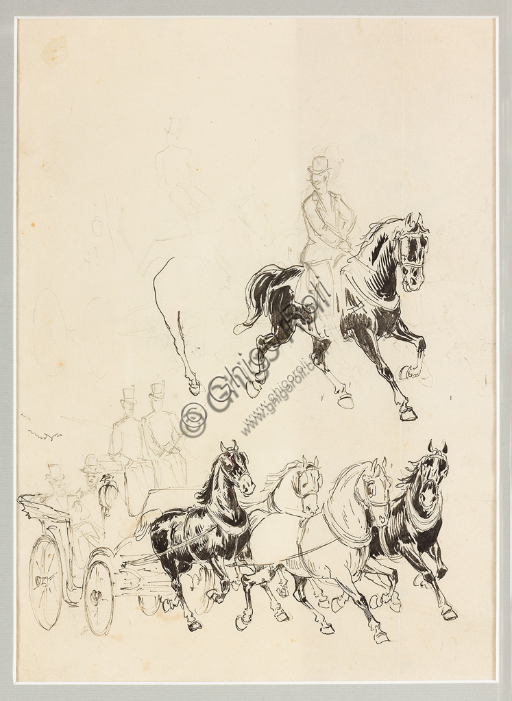  Assicoop - Unipol Collection:Carlo Casaltoli (1865 - 1903): "Preparatory Study for Carriage and Horses". Indian ink and pencil drawing on paper, cm 25,5 x 17,5.