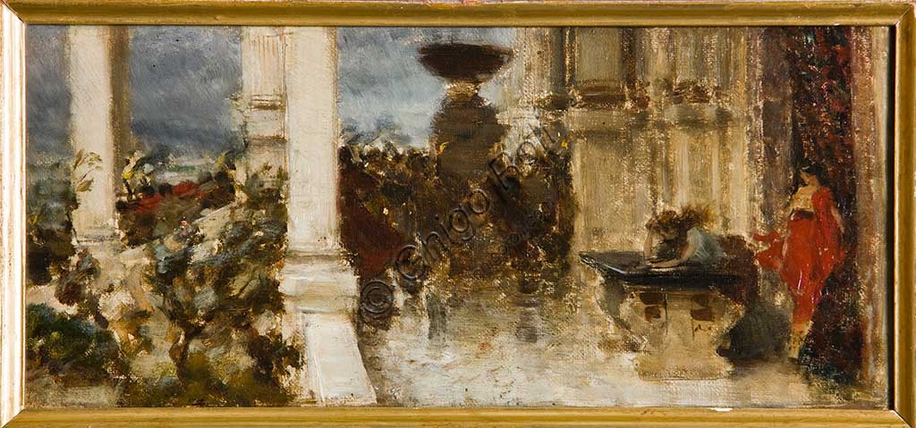 Collezione Assicoop Unipol: Giovanni Muzzioli (1854 - 1894), "Studio per : I Funerali di Britannico"; olio su tela.
