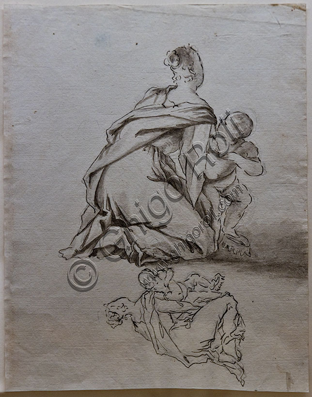 Studio per “Madonna con bambino che calpesta una corona”, di Giovanni Antonio de Pieri detto lo Zoppo, penna, inchiostro, acquarello e matita su carta, 1716.