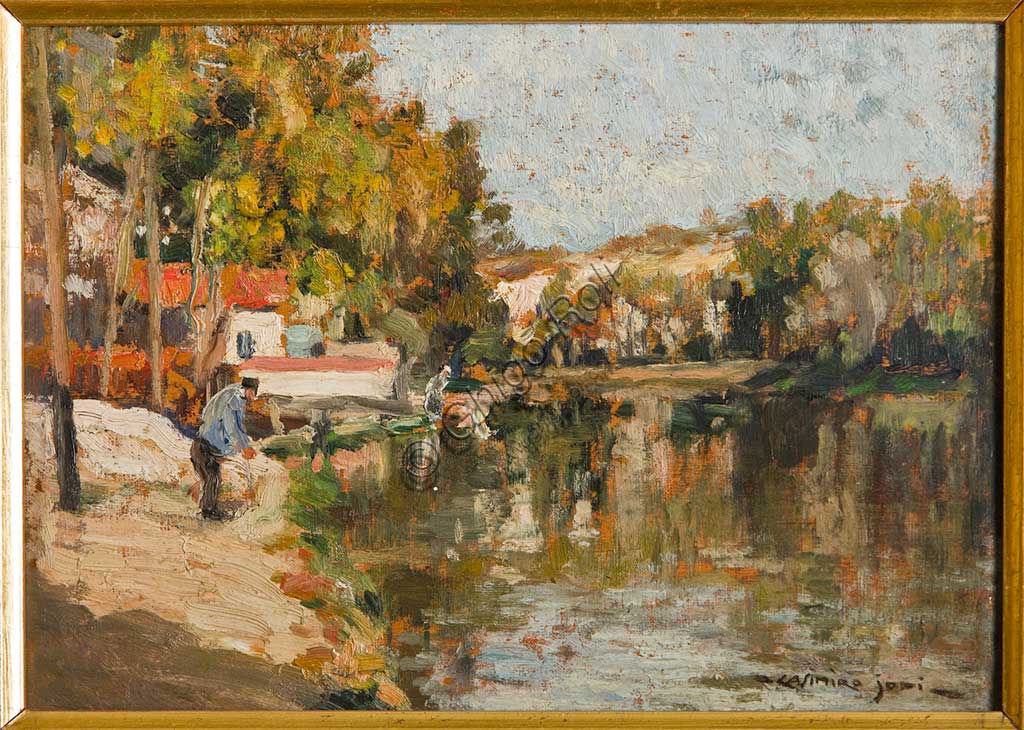 Collezione Assicoop Unipol:  Casimiro Jodi, "Sul Naviglio"; olio su tavoletta.