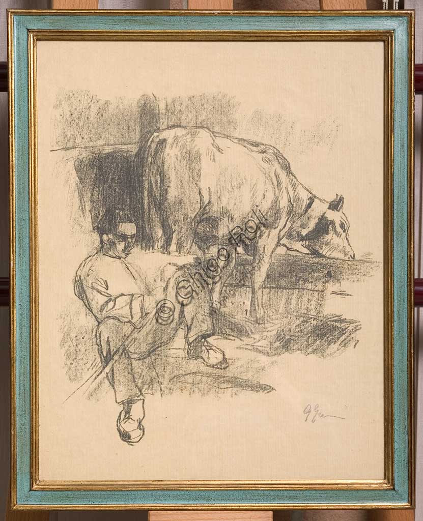 Collezione Assicoop - Unipol: Giuseppe Graziosi (1879-1942), "Contadino seduto e mucca alla mangiatoia", litografia su carta su carta.