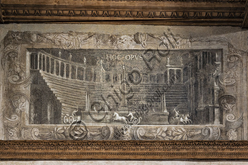 The Olympic Theatre: hall of the vestibule (anteode): monochrome fresco reproducing theatrical productions curated by the academy. The fresco is attributed to Alessandro Maganza.