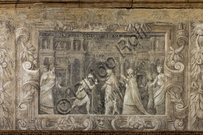 Teatro Olimpico, sala del vestibolo (anteodeo): affresco monocromo riproducente allestimenti teatrali curati dall’accademia.  L’affresco è attribuito ad Alessandro Maganza.