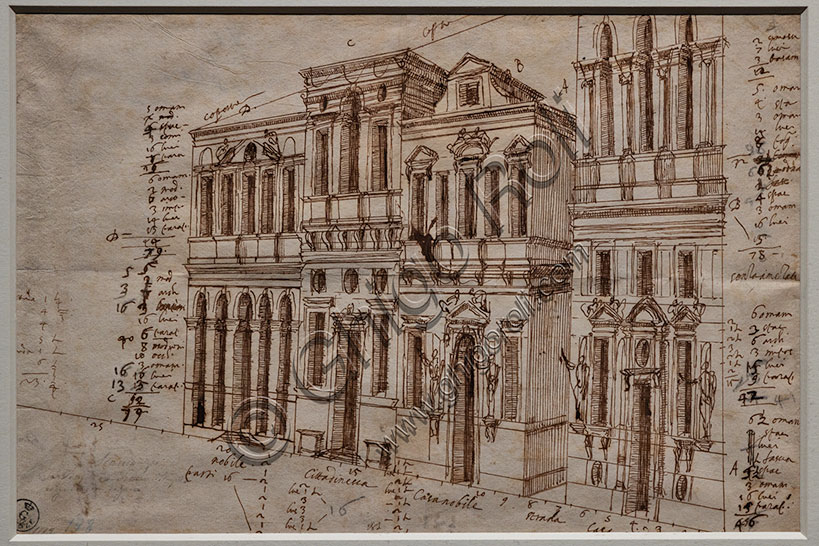 “Teatro Olimpico, Vicenza: studio del fianco destro”, disegno di Vincenzo Scamozzi, 1584, inchiostro, penna e pennello su carta.