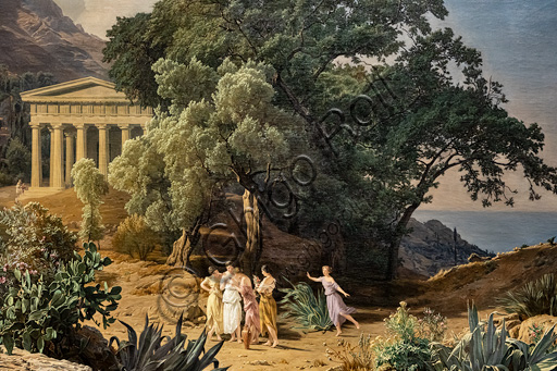 Ferdinand Georg Waldmüller. "A Doric Tmeple with Castelmola and Taormina in the background", Oil painting, 1849.