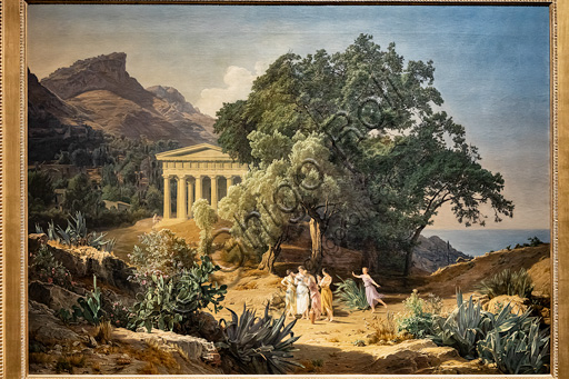 Ferdinand Georg Waldmüller. "A Doric Tmeple with Castelmola and Taormina in the background", Oil painting, 1849.
