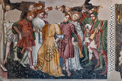  Spoleto, Rocca Albornoz (Stronghold), Camera Pinta (Painted Room): detail of the frescoes realized between 1392 and 1416, representing courtly and chivalrous subject, made by local painters (with reference to the group connected to the Master of the Dormitio of Terni) or of Padanian origin. The paintings are based on the poem "Teseida" by Boccaccio.Scene of dance with musician.