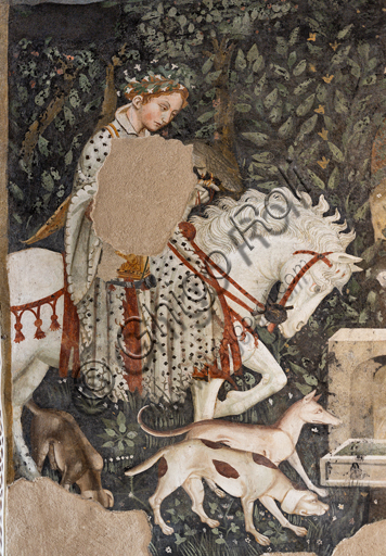  Spoleto, Rocca Albornoz (Stronghold), Camera Pinta (Painted Room): detail with a riding lady of court and dogs of the frescoes realized between 1392 and 1416, representing courtly and chivalrous subject, made by local painters (with reference to the group connected to the Master of the Dormitio of Terni) or of Padanian origin.