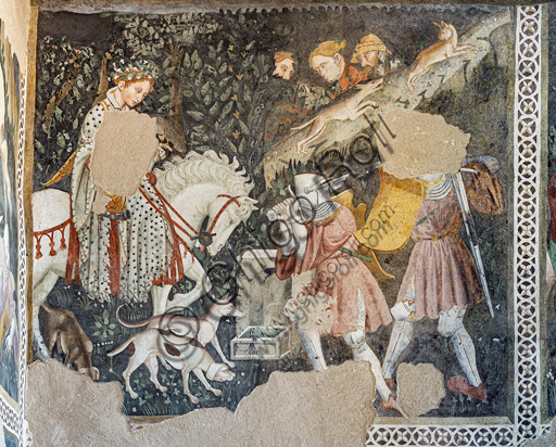  Spoleto, Rocca Albornoz (Stronghold), Camera Pinta (Painted Room): detail of the frescoes realized between 1392 and 1416, representing courtly and chivalrous subject, made by local painters (with reference to the group connected to the Master of the Dormitio of Terni) or of Padanian origin.