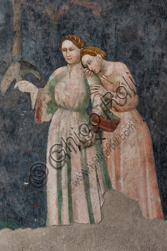  Spoleto, Rocca Albornoz (Stronghold), Camera Pinta (Painted Room): detail with two female figures of the frescoes realized between 1392 and 1416, representing courtly and chivalrous subject, made by local painters (with reference to the group connected to the Master of the Dormitio of Terni) or of Padanian origin.