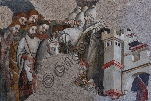  Spoleto, Rocca Albornoz (Stronghold), Camera Pinta (Painted Room): detail with knights and tower of the frescoes realized between 1392 and 1416, representing courtly and chivalrous subject, made by local painters (with reference to the group connected to the Master of the Dormitio of Terni) or of Padanian origin.