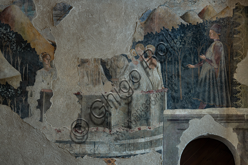 Spoleto, Rocca Albornoz, Torre Maestra, Camera Pinta: particolare degli affreschi di soggetto cortese e cavalleresco. Il tema degli affreschi è basato sul poema "Teseida" di Boccaccio. Scena del "Bagno della Fontana", realizzato a metà Quattrocento da maestro anonimo. 