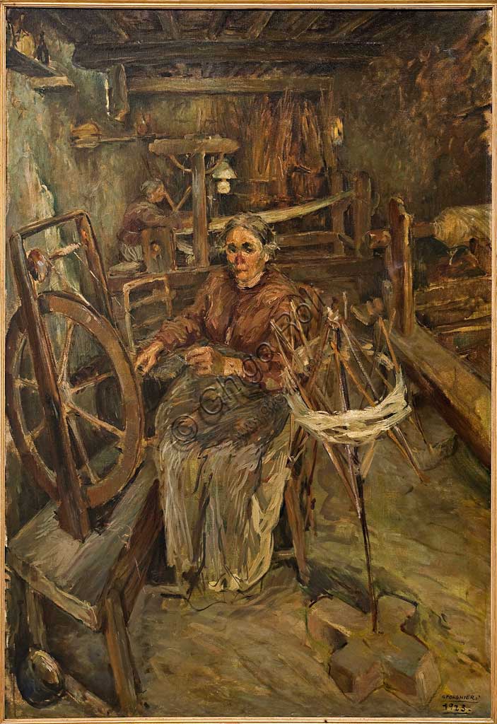 Assicoop - Unipol Collection:   Giovanni Forghieri (1898 - 1944), "Weaver". oil on canvas, cm 151 x 101.