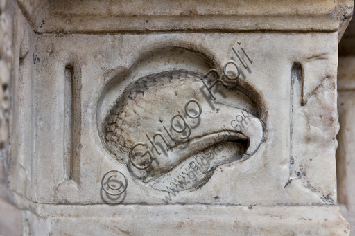 , Genoa, Duomo (St. Lawrence Cathedral), West side, the façade, the main doorway: "Head of Eagle", figured panel of the base decoration,  by Master of the Ark of the Baptist (about 1225),