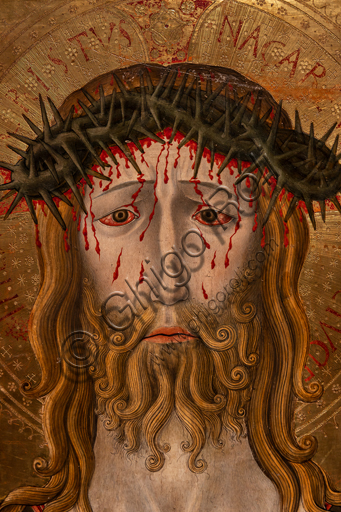  Perugia, National Gallery of Umbria: "Head of Christ crowned with thorns", by Bonfigliesco painter  (Master of the Lamentation of S. Costanzo?), tempera and gold on panel, second half of the fifteenth century. Detail.