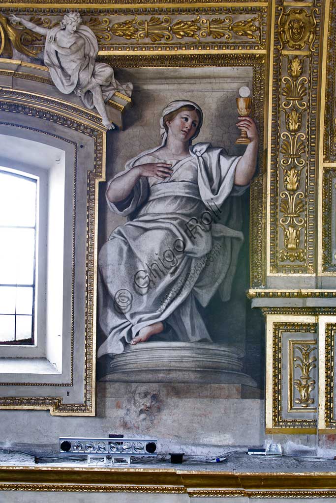 Basilica di S. Andrea della Valle, catino dell'abside: la Fede (una delle sei figure femminili allegoriche di Virtù affrescate tra i finestroni). In basso, particolare di testa virile. Affresco del Domenichino (Domenico Zampieri), 1622 - 28.