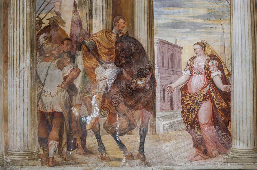 Thiene, Villa Porto Colleoni (conosciuta anche come Castello di Thiene), Camerone: "La clemenza di Scipione, affreschi di Giovanni Antonio Fasolo (ca. 1560-1565). Particolare.