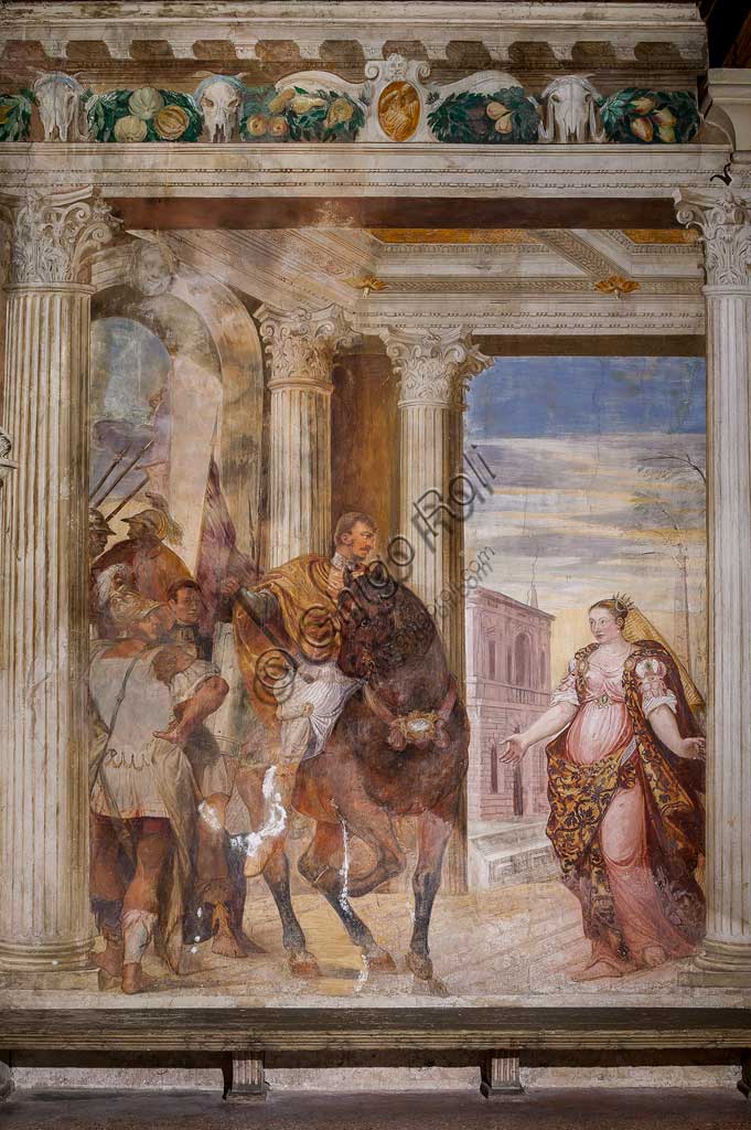 Thiene, Villa Porto Colleoni (conosciuta anche come Castello di Thiene), Camerone: "La clemenza di Scipione, affreschi di Giovanni Antonio Fasolo (ca. 1560-1565). Particolare.