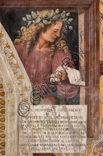 Orvieto, Basilica Cattedrale di Santa Maria Assunta (o Duomo), interno, Cappella Nova o di San Brizio, parte inferiore delle pareti, serie dei Personaggi illustri dove ogni figura è circondata da tondi in monocromo che hanno la funzione di identificare il personaggio attraverso la rappresentazione di episodi tratti dalle sue opere: "Tibullo"