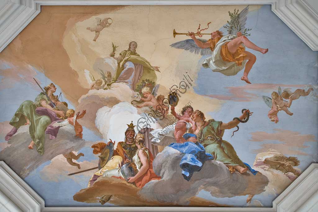 Villa Cordellina, salone centrale: "Continenza di Alessandro Magno" affresco di Giambattista Tiepolo (1743).Villa Loschi  Motterle (già Zileri e Dal Verme), sala d'onore, soffitto: "La Gloria tra le Virtù" (la Fama, con la tromba, annuncia l'arrivo della Gloria, figura luminosa e dorata; la attorniano la Giustizia con spada e bilancia, la Fortezza con l'armatura, la Temperanza e la Prudenza con due volti), affresco di Giambattista Tiepolo (1734).