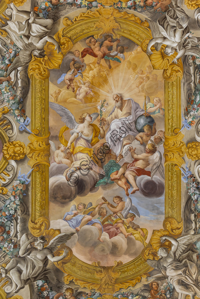 Todi, Chiesa della Nunziatina: la decorazione del soffitto che richiama, per impostazione, le grandi chiese romane di periodo barocco, con angeli, fiori e frutta tra i quali spiccano otto medaglioni,  che circondano l’affresco principale, raffiguranti episodi della vita della Vergine.