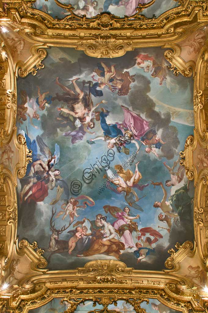Turin, the Royal Palace, the Royal Cabinet (Dressing Room): the ceiling with "Hercules as personification of Virtue and Valour crowned by Justice", or "The Virtues of a Monarch". Frescoes by Claudio Francesco Beaumont (1731-33).