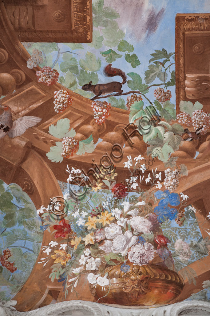 Sassuolo, Este Ducal Palace, the Bacchus Gallery, ceiling:  Wall tempera painting by Jean Boulanger, 1650 - 52. Detail with vine shoots, grapes, flowers and a squirrel.